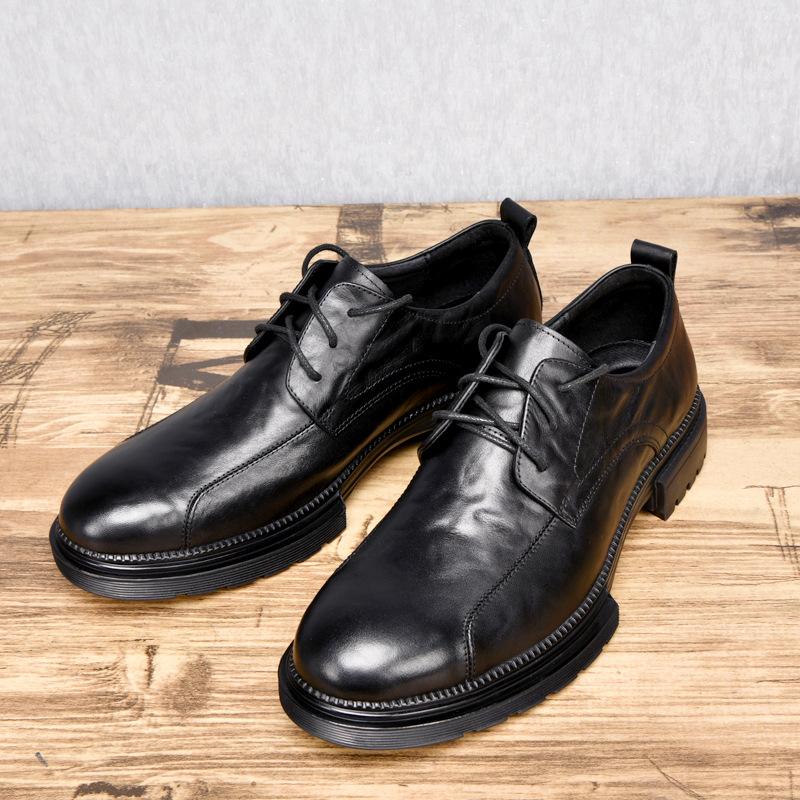 Leather British Style Leather Shoes Breathable Round Head Personalized Lace-Up Blue Trend Platform Men'S Business Single Shoes