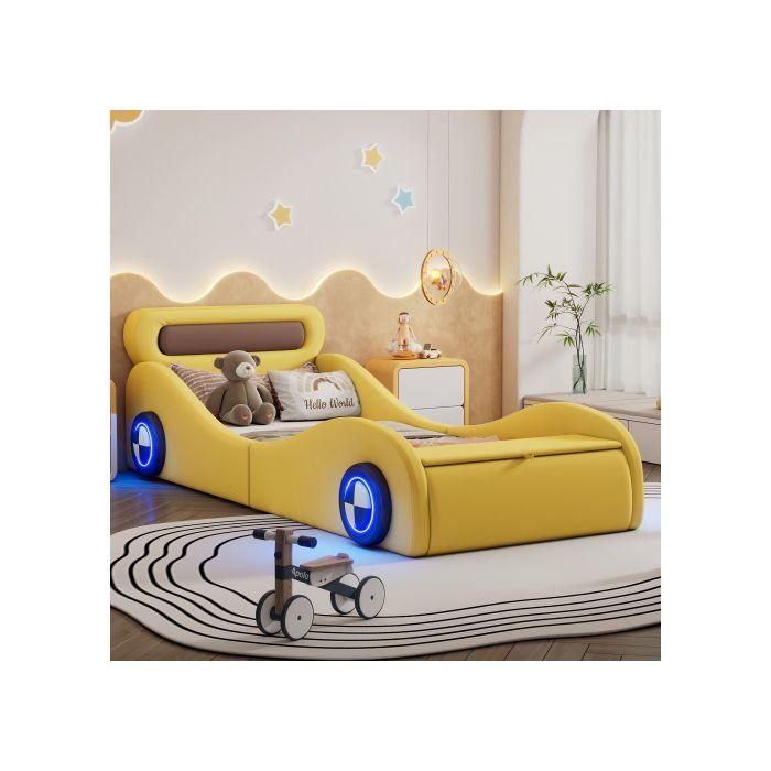 Gepolstertes Kinderbett - MUVOE - 90x200cm - Gelb - Leuchtende Räder - Stauraum