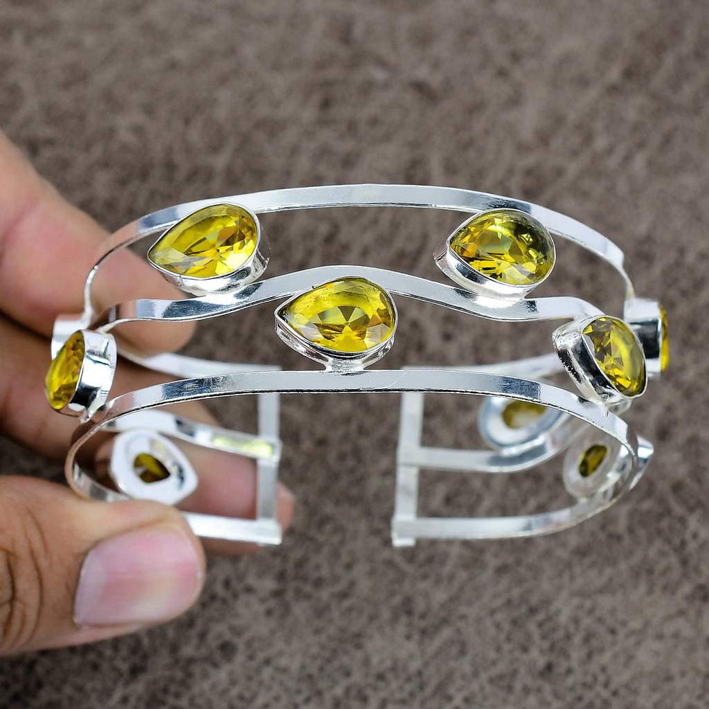 Citrine Gemstone Handmade 925 Sterling Silver Cuff Bangle Adjustable KKG-270