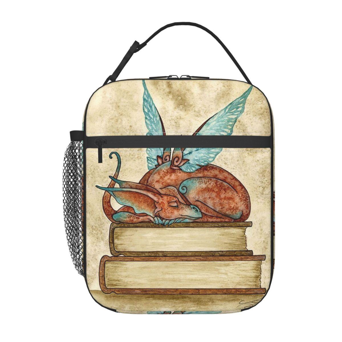 

Cute Dragon Sleeping On A Book Insulated Lunch Bag for Women Children Leakproof Food Boxes Thermal Lunch Box Tote One Size