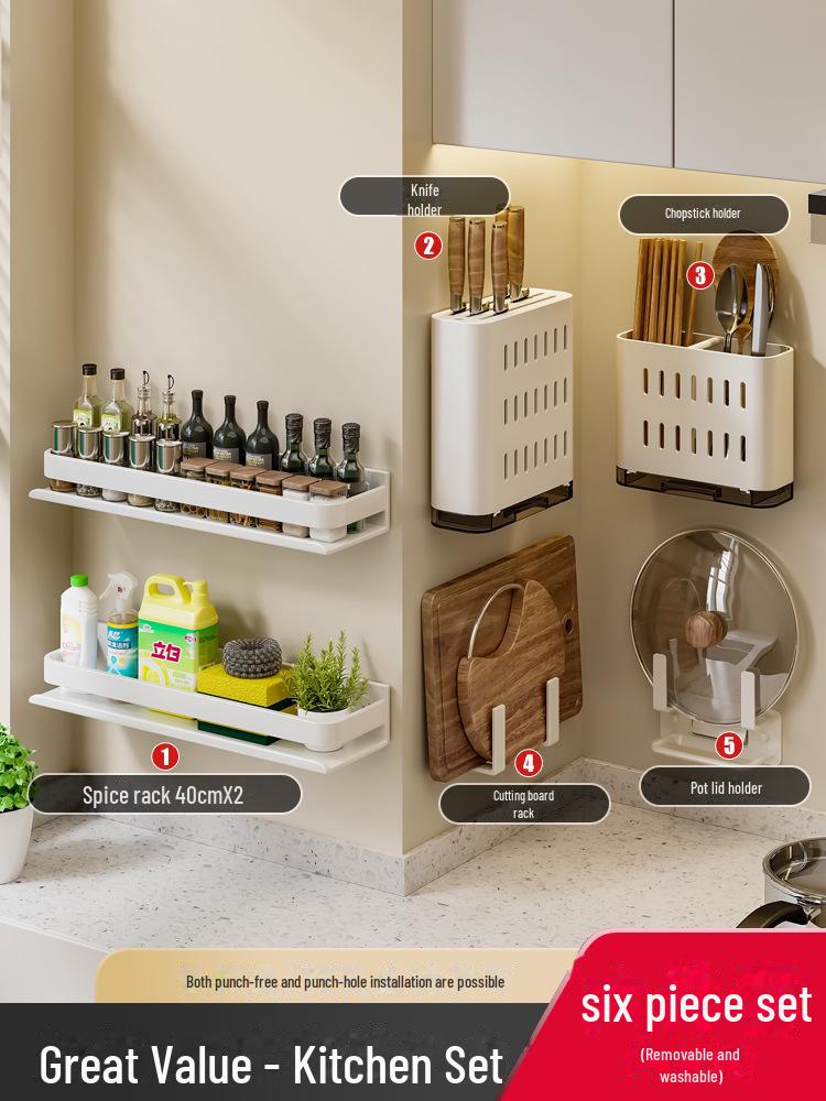 Väggmonterat köksställ i krämstil: Stansfri Vit Multifunktionell Förvaring för Kryddor och Kondiment