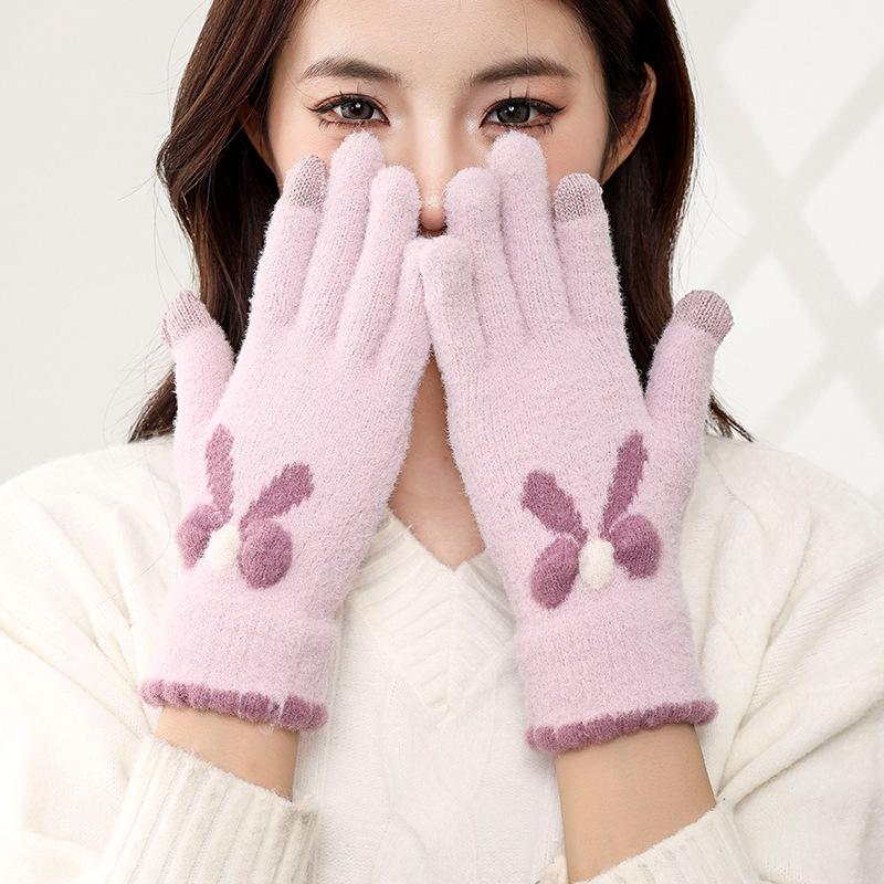 2025 Women's Korean Bow Knitted Fingerless Touchscreen Winter Gloves - Thickened and Cold-Proof