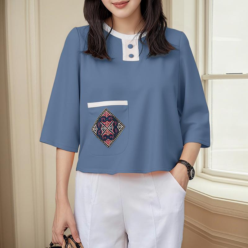 

ZANZEA Женская повседневная летняя блузка с круглым вырезом и рукавом 3/4 свободного кроя 5XL темно-синий