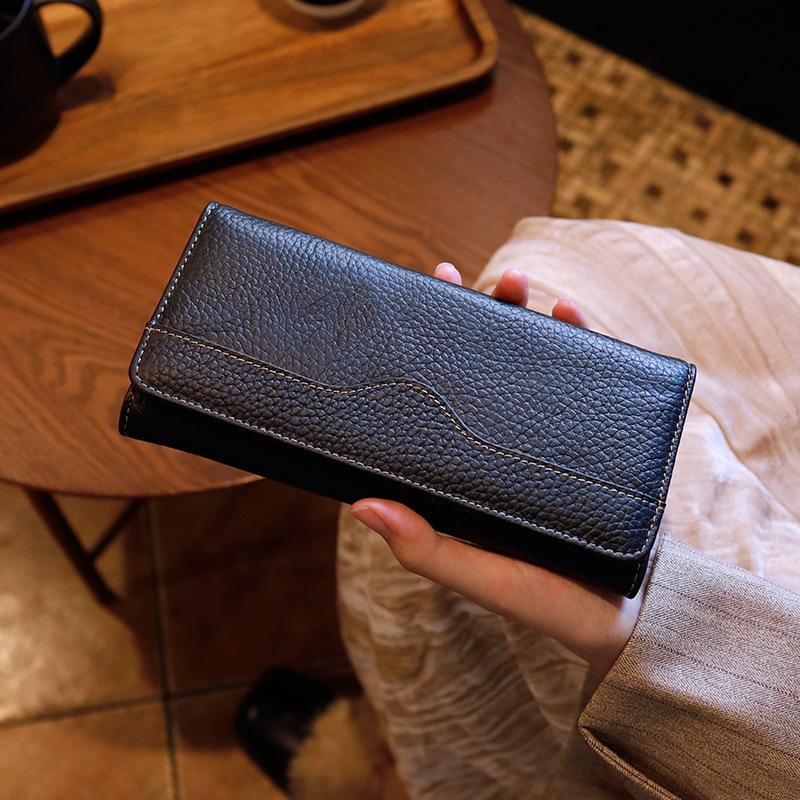

2026 Genuine Leather Ladies Long Wallet, Top Layer Cowhide, Large Capacity, Multi-slot Wallet, Clutch чёрный