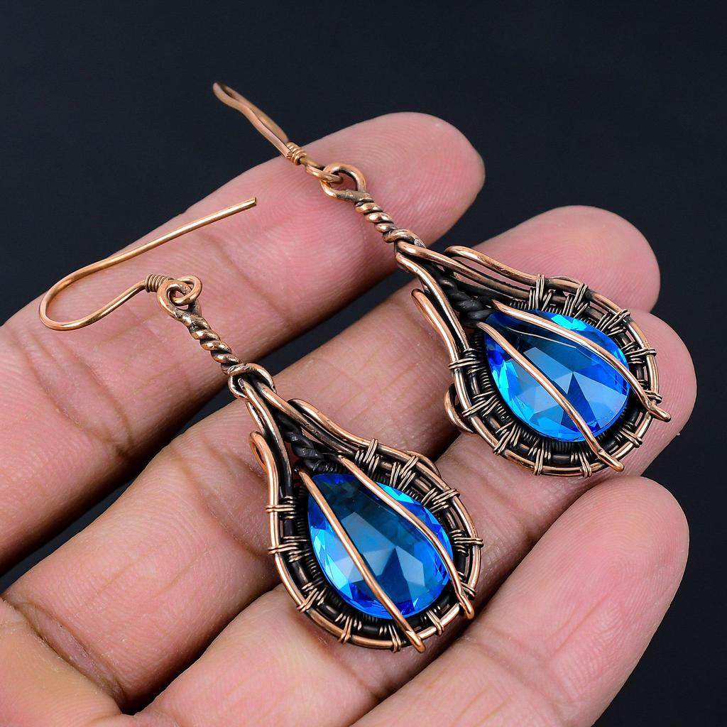 Lavish Blue Topaz Gemstone Handmade Pure Copper Wire Wrapped Earrings Jewelry For Love