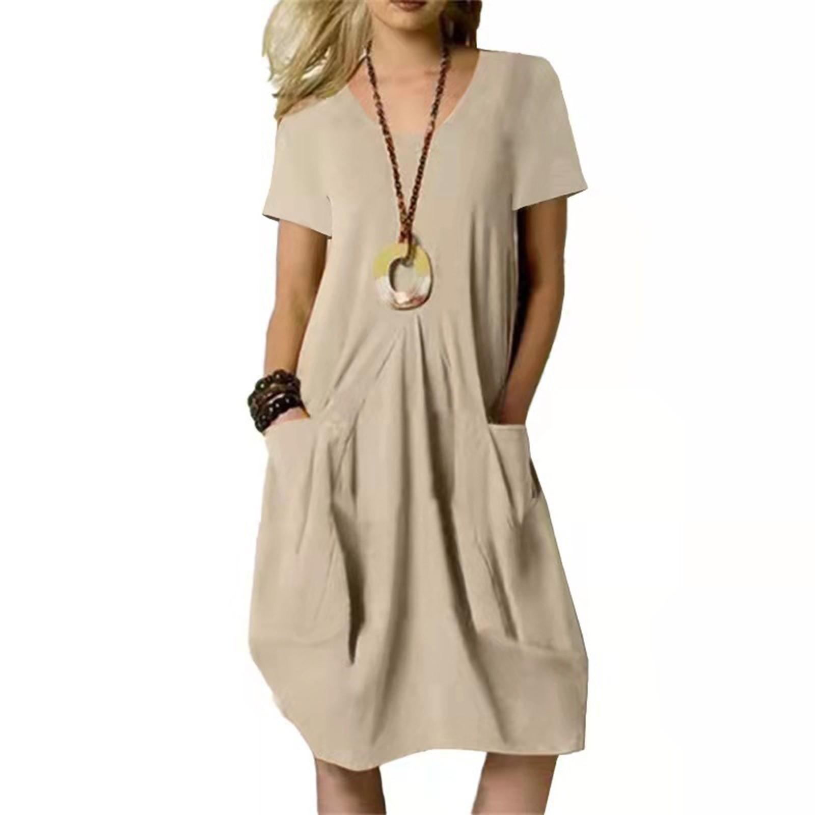 

Women s Cotton Linen Solid Color Loose Round Neck Short Sleeve Pockets Dress XXL хакі