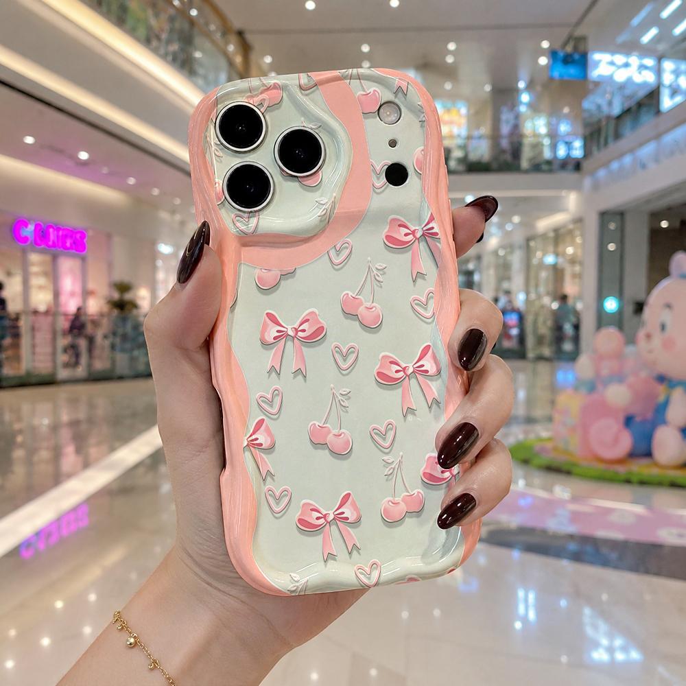 Pink Bow Cherry Heart Contrast Phone Case for iPhone 17 16 15 14 13 12 11 Pro Max Plus Wavy Edge Cute Cover