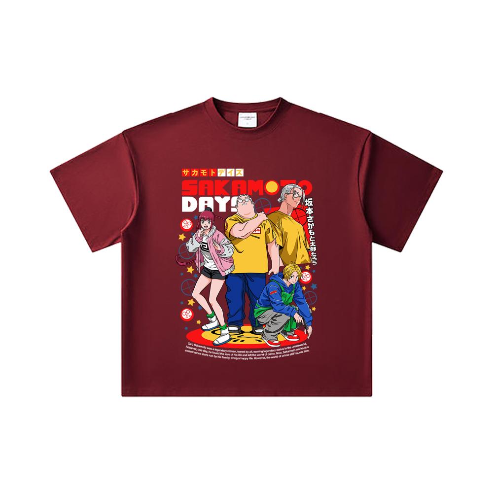 

260 GSM Double Yarn 32 Count 100% Cotton Sakamoto Days V2 Print Unisex Heavy Cotton T Shirt 2XL вина червоного кольору