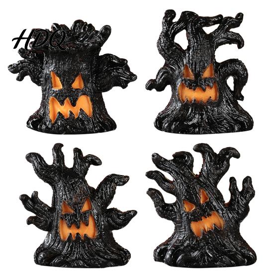 Three-dimensional Halloween Ornament Decoration, Ghost Face Tree Stump Lantern, LED Resin Spooky Decor Glowing Pumpkin Decor, Festival Atmosphere