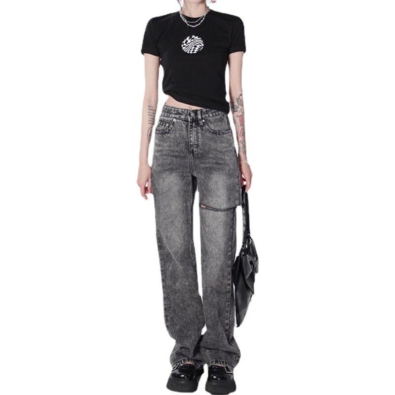 

Весна 2022, модные женские рваные джинсы с высокой талией, женские широкие джинсы, мешковатые женские джинсовые капри, брюки, джинсовые брюки для мамы XXXXL серый
