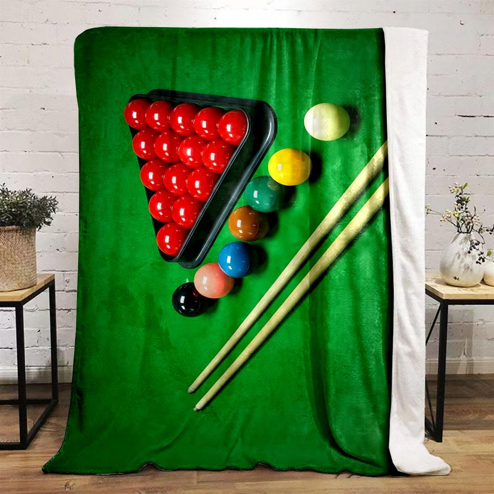A Triangle of Red Snooker Balls, Colored Balls, Cues, and a Green Table. for All Seasons Blanket Lunch Break Throw Gift