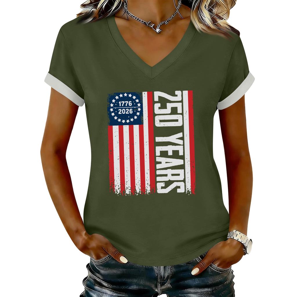 Women's Casual Printed T-Shirt V Neck Pullover Short Sleeve Top