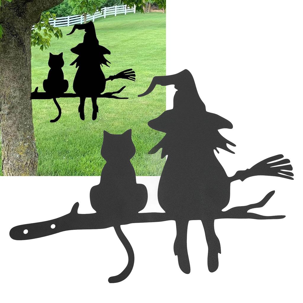 Hexenkatze Gartenstecker Metall Silhouette Niedlicher Hexenkatzenstecker Auf dem Ast für Baumstumpf Hof Rasen Deko