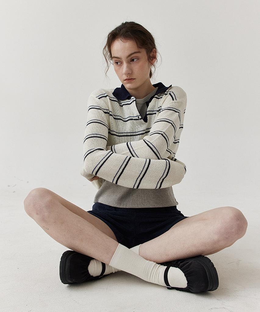 STEP AROUND Stripe Collar Linen Knit_Navy
