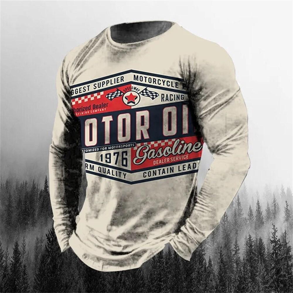 Vintage Men's T-shirt Long Sleeve Biker Tops Tees 3D STP Oil Print Motorcycle T Shirt Oversized Loose Texaco Man Clothing