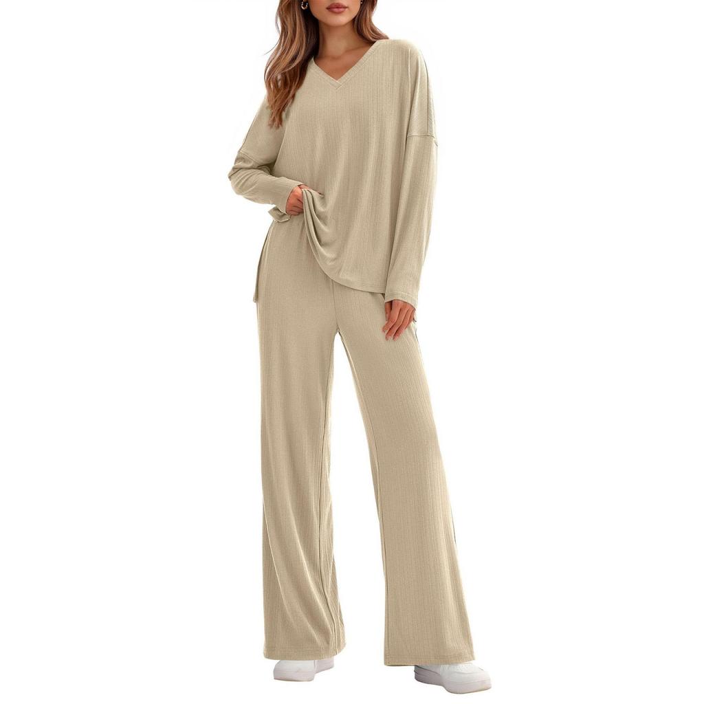 Fashionable Women's Two-Piece Cotton Casual V-Neck Long-Sleeved Loose Pants Set