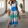 Women Summer Dress V-Neck Short Sleeve Side Slit Design Maxi Dress Tie Dye Print