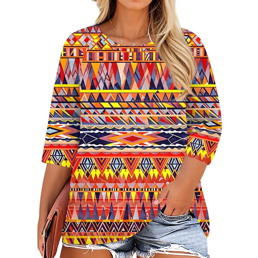 T-shirt Casual da Donna con Stampa, Girocollo, Manica 3/4
