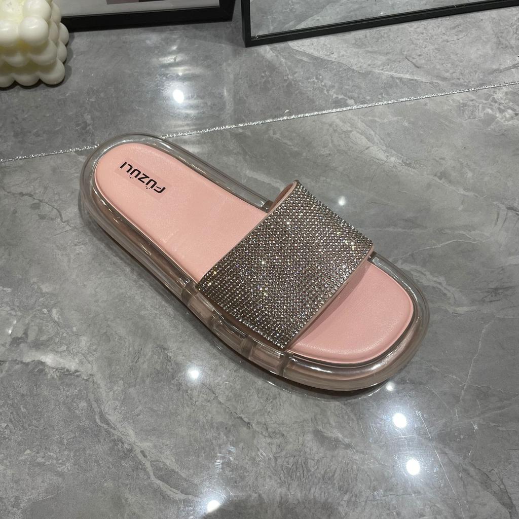 Ciabatte moda estiva da donna sandali comodi a fondo piatto color caramella 2025 nuove scarpe da spiaggia con cinturino in strass flash