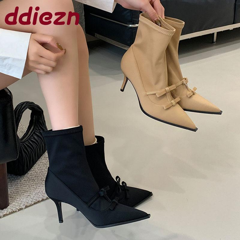 Fashion Fashion Elastic Women Ankle Stretch Boots Heels Shoes Butterfly-Knot Female Pointed Toe Ladies Modern Boots Slip On Shoes