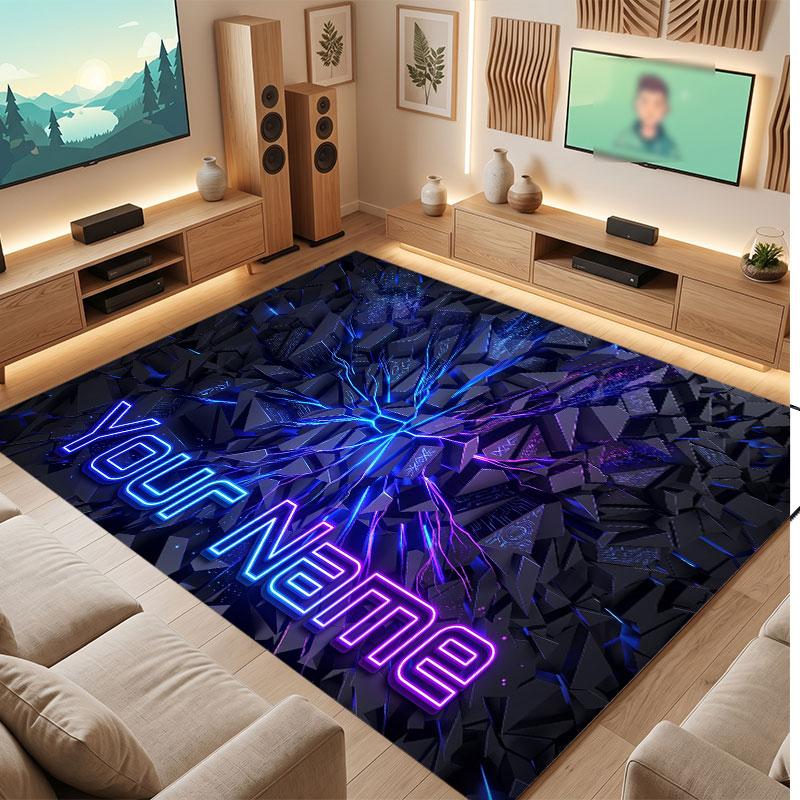 Neon Colorful Theme Crystal Velvet Floor Rug Personalized Custom Name Text Warm Carpet Home Decoration