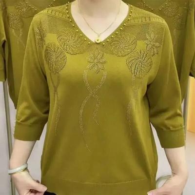 Camisa de punto con agujeros vintage, ropa informal de primavera y verano con mangas 3/4 para mujer, blusa elegante con escote en V y abalorios de diamantes