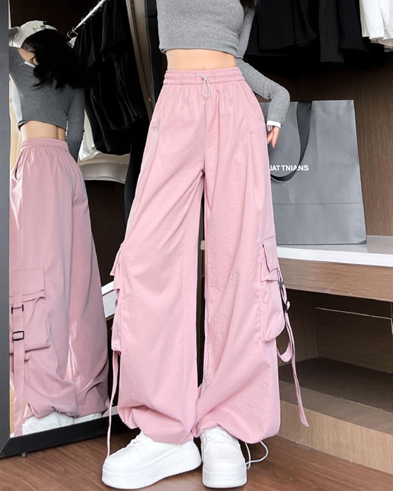 HIMATI Cargo Long Wide Leg Cargo Pants with Loose Hip Hop Stylish Bottoms Pink Large Women's Pants, Pants, Pockets, Fit, Dance, - -