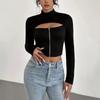 Womens Winter Stretch High Neck Long Sleeve Cutout Top Slim Fit Base Layer Tee Black Milk Silk