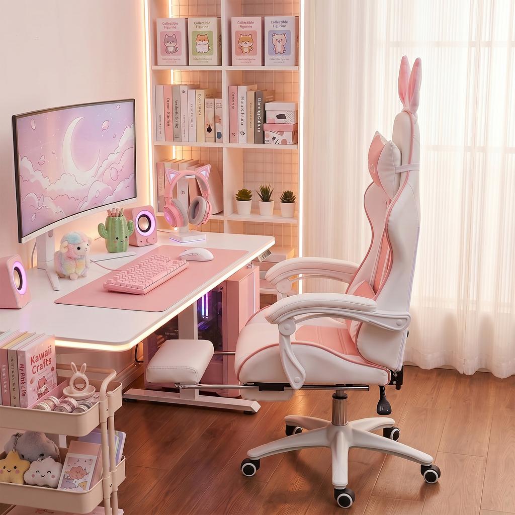 Gaming Chair, Ergonomic Gamer Chair with Lumbar Support, Footrest, Bunny Ears Headrest Pillow, Pink