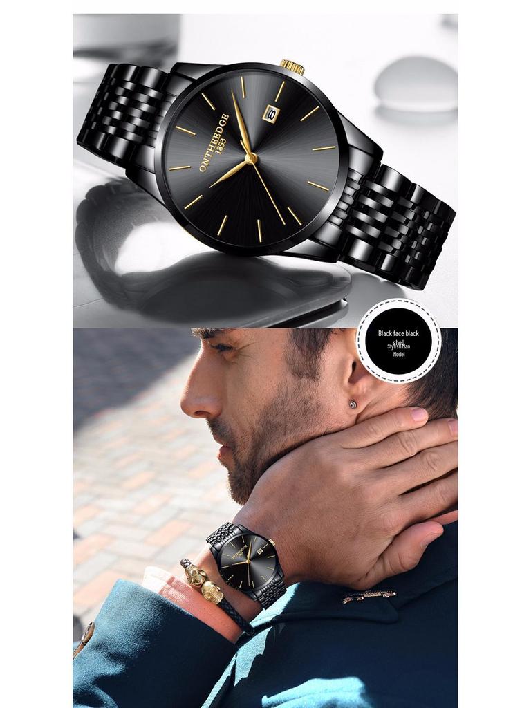 Men's Hong Kong-Style Ultra-Thin Quartz Wristwatch with Steel Band and Calendar