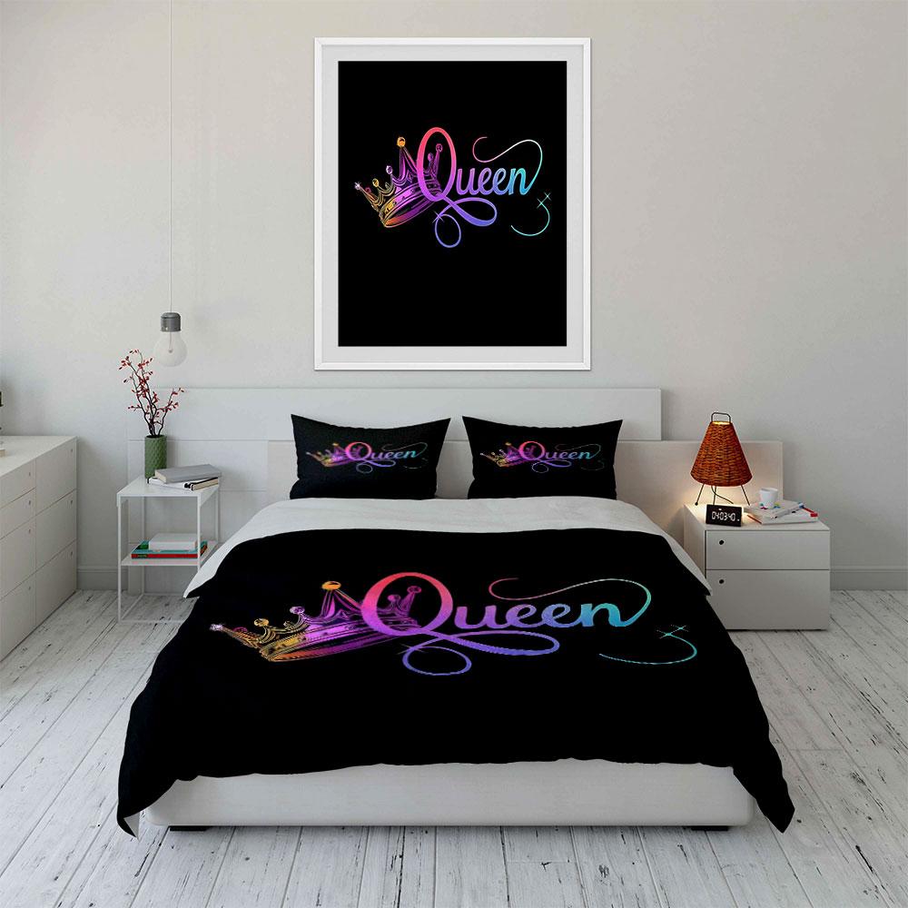 Rainbow Gradient Neon Queen Crown Bedding Set,1 Duvet Cover 2 Pillowcase,Elegant Microfiber Bed Linen For Teen Girls Women Room
