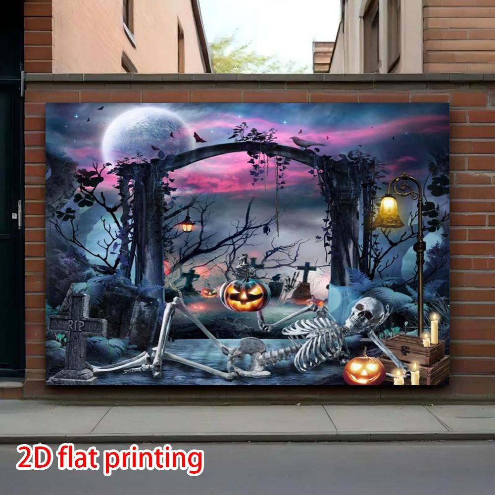 2D flaches Banner, 1 Halloween-Party-Hintergrundbanner, mit böser Totenkopffigur und bösem Kürbis-Muster-Hintergrunddesign