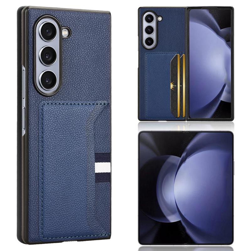 

Чехол для Samsung Galaxy Z Fold6 5G с держателем для карт, кожа личи + ПК, складной чехол для телефона Blue