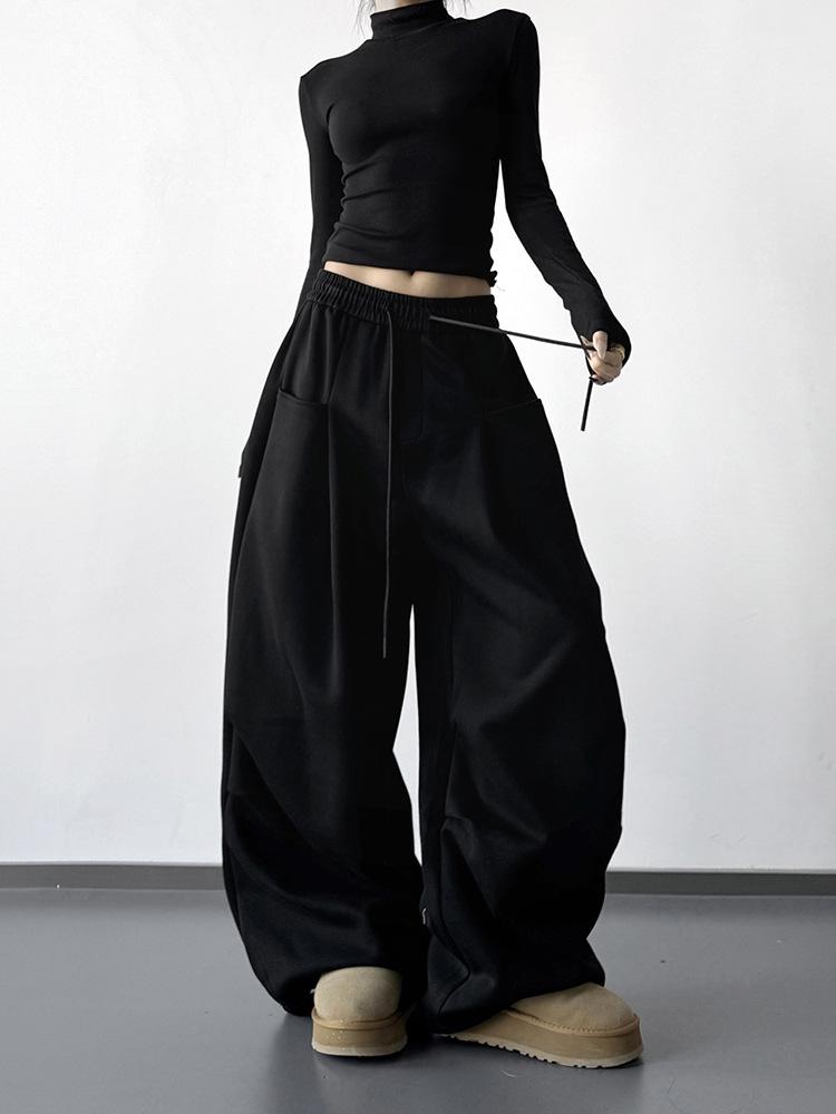 2025 Autumn/Winter Black Drawstring Women's Wide-Leg Drape Pants - Casual Loose Fit Dance Sweatpants