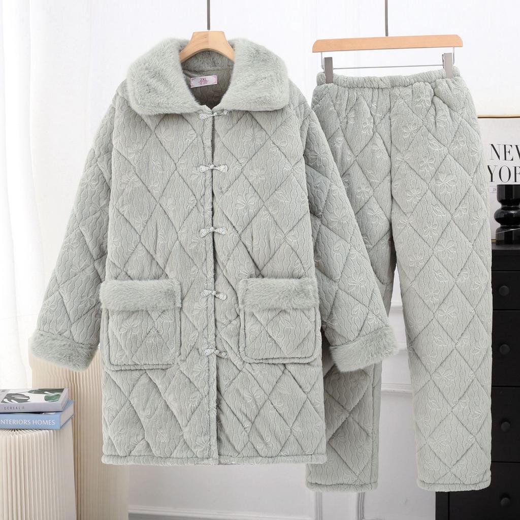 Women's Sleepwear Autumn Winter Coral Fleece Three-layer Padded Pajamas Thickened Plush Flannel Loungewear Set
