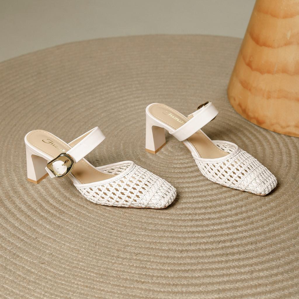 Woven Sandals Women's Summer 2025 New Models with Skirts French Square Head Thick Heel Hollow Outer Wear Bag Head Half Slippers