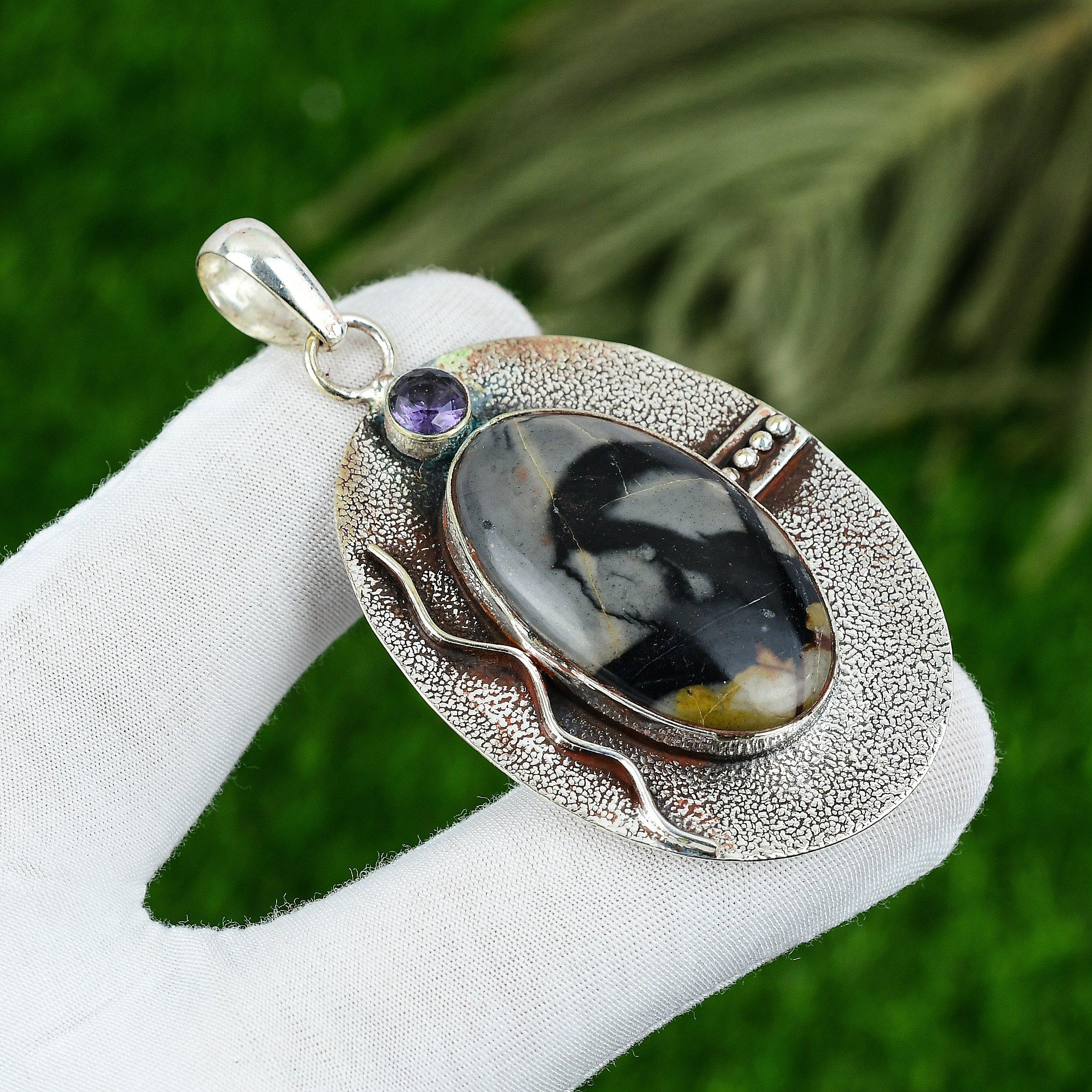

925 Sterling Silver Oval Natural Picasso Jasper Amethyst Bezel Pendant Jewelry