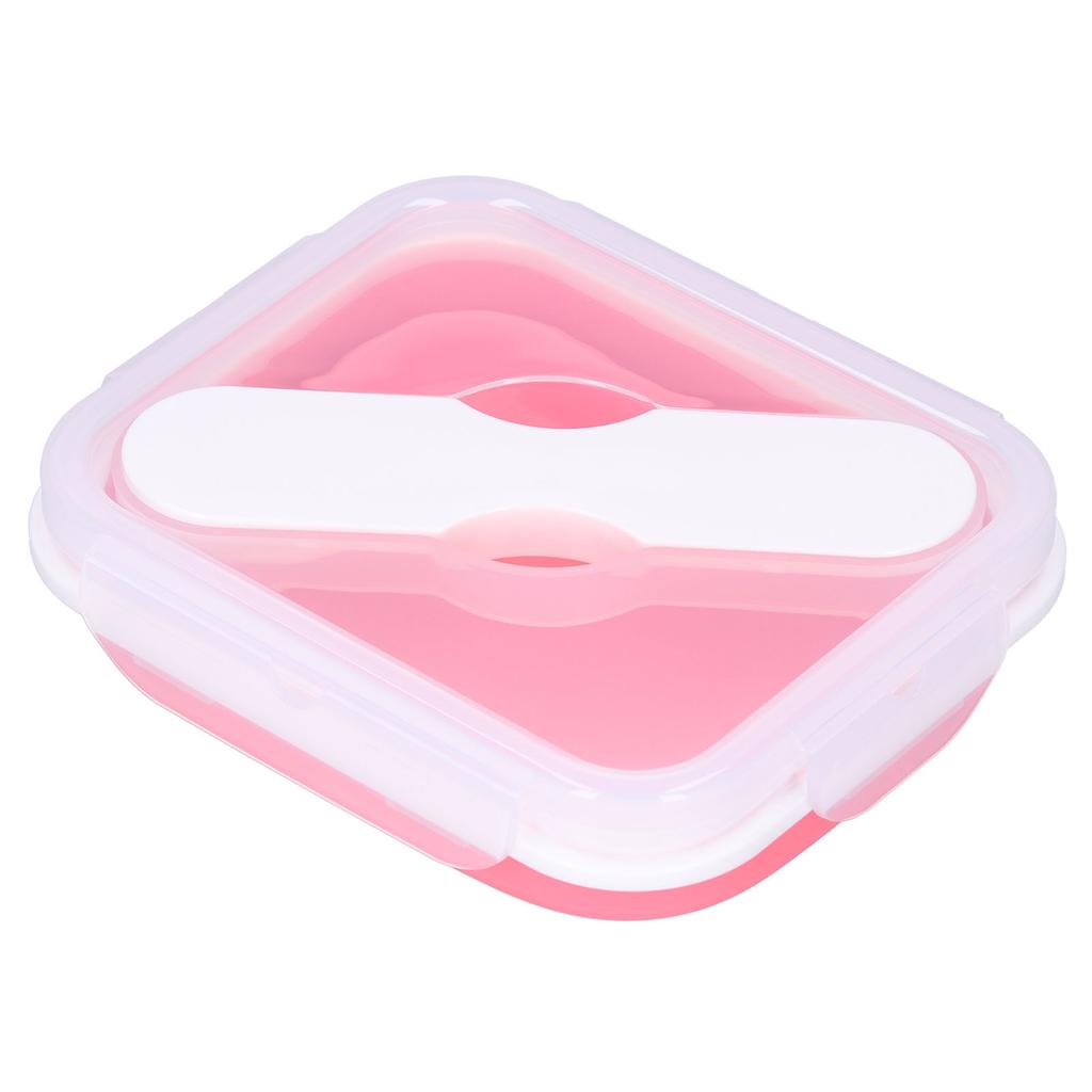 Silicone Insulation Box Portable Lunch Box with Integrated Fork Spoon for Office SchoolPink 600ML