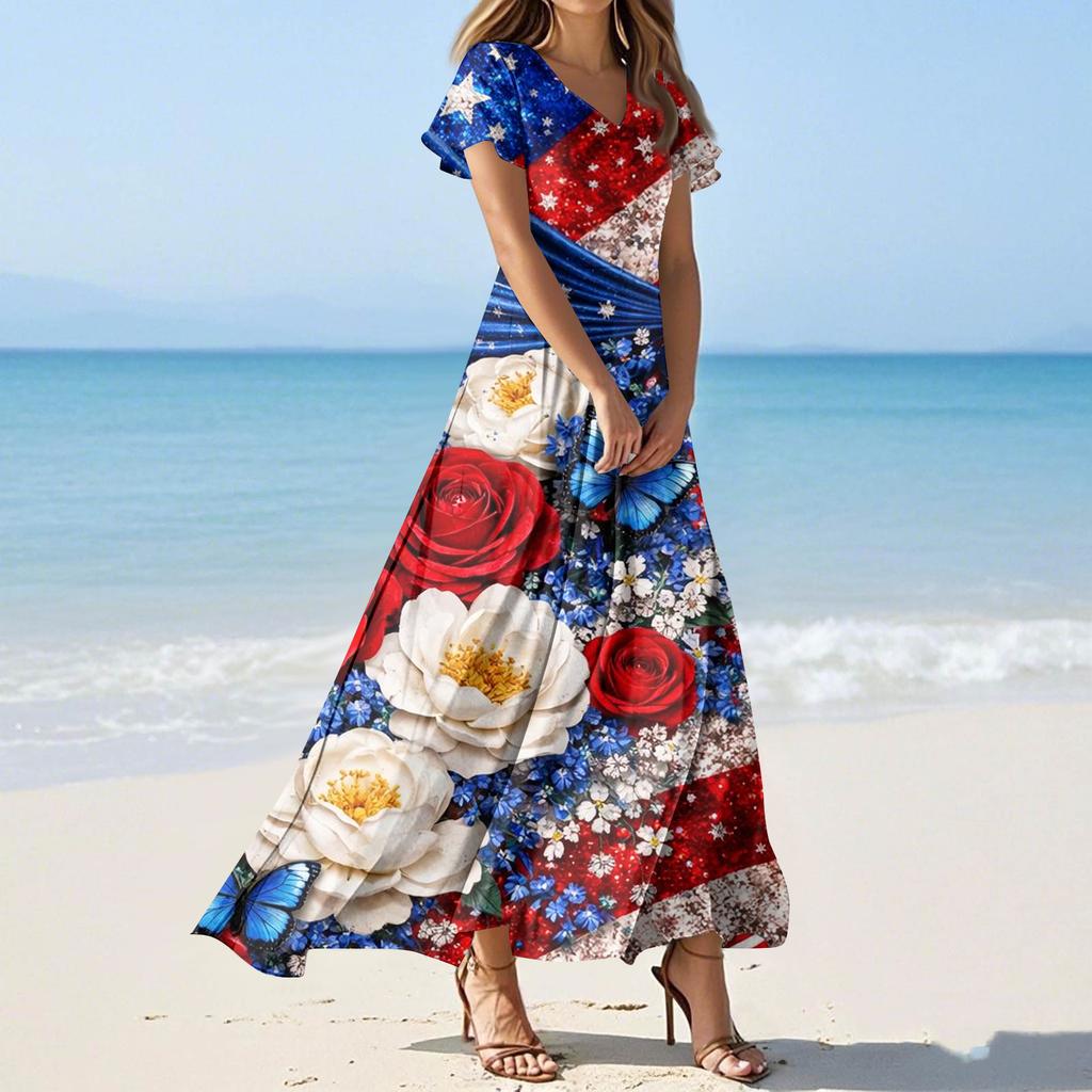 Dámské letní ležérní módní šaty s barevným potiskem Šaty s krátkým rukávem s výstřihem do V