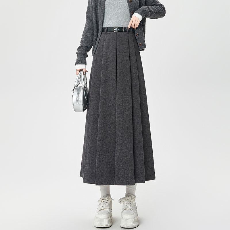 High-Waisted Coffee Wool Skirt for Women, Autumn-Winter Style, Pleated A-Line, Petite Fit, Mid-Length, Perfect Drape