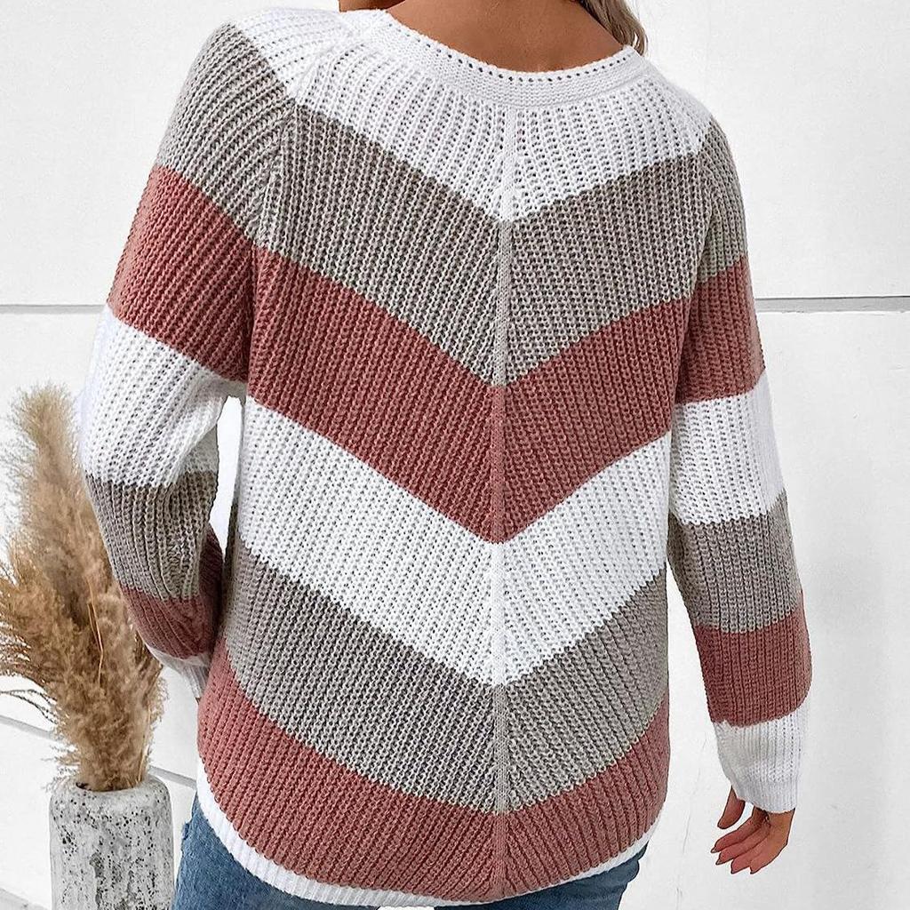 Dames Herfst- en Winter Trui met Ronde Hals, Strepen en Symmetrische Patchwork