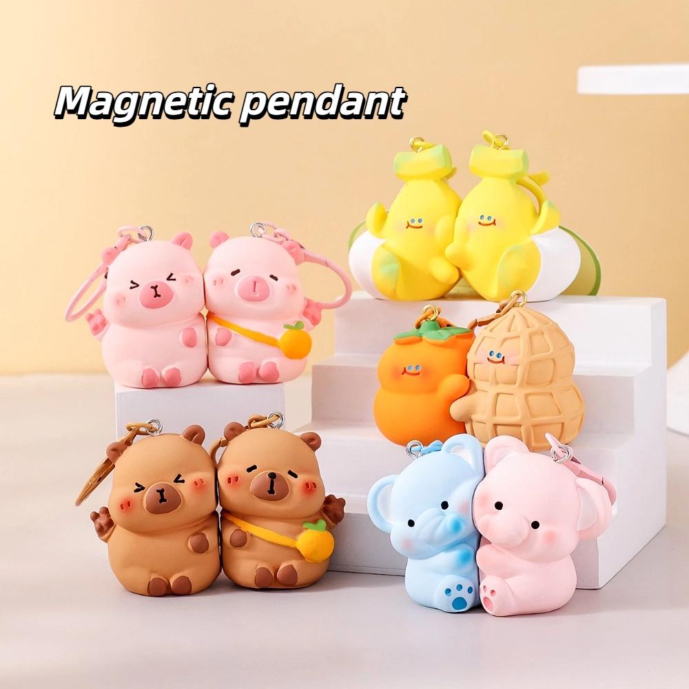 Magnetic Cat Figurine Keychain Capybara Couple Pendants  Car Key Accessories
