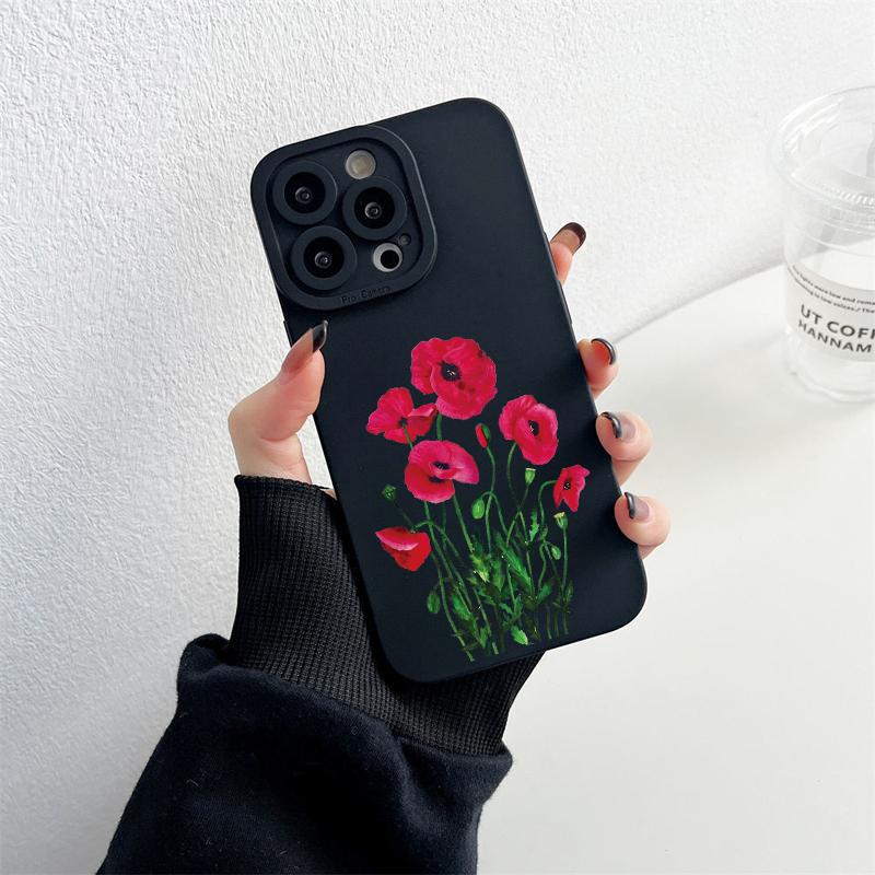 Poppy Flower Bloom Phone Case Black Color For iPhone 7 8 Plus SE2 13 12 11 14 Pro Max X XR XS Soft Silicone Cover Funda Shells