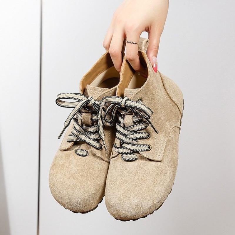 Fashion Flat Single Boots Women's Fashion Round Toe Suede Front Lace-Up Soft Sole Anti-Slip Wear-Resistant Short Shoes
