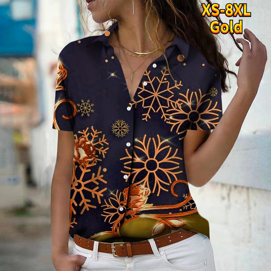 

2025 Summer New Fashion Women s Snowflake Printed Short Sleeve V-neck Casual Button-down Shirt Top 8XL жёлтый