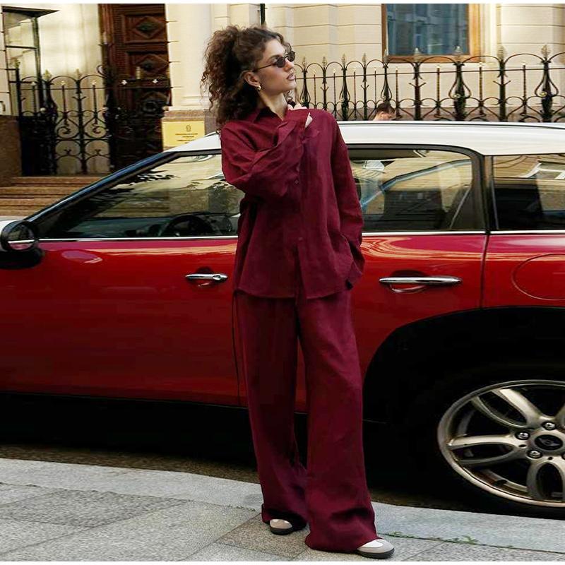 Women Casual Solid Color Cotton Linen Shirt Pants Suits Fashion Single Breasted Blouses Elastic Waist Pants Set Spring Loose Outfits