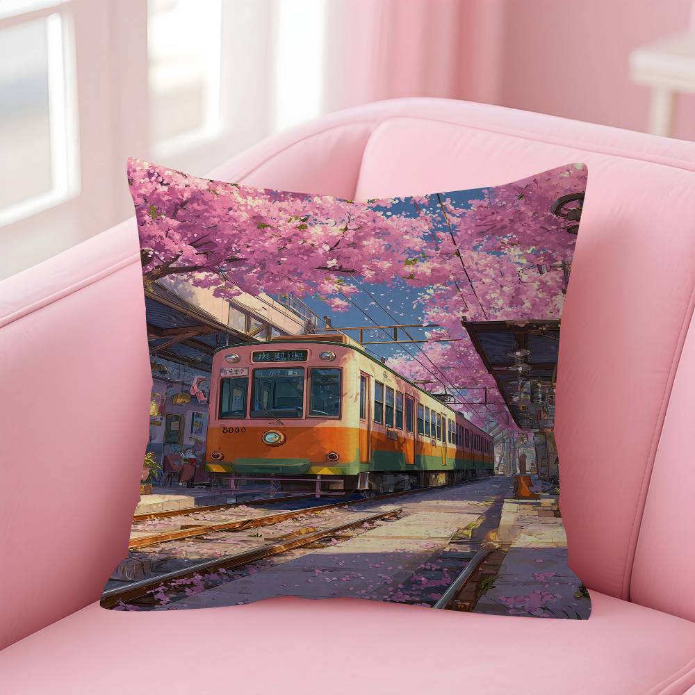 Japanese Street Train Scenery Sakura Cushion Cover Pillow Cover Decor Pillowcase Printed Cushion Case For Couch