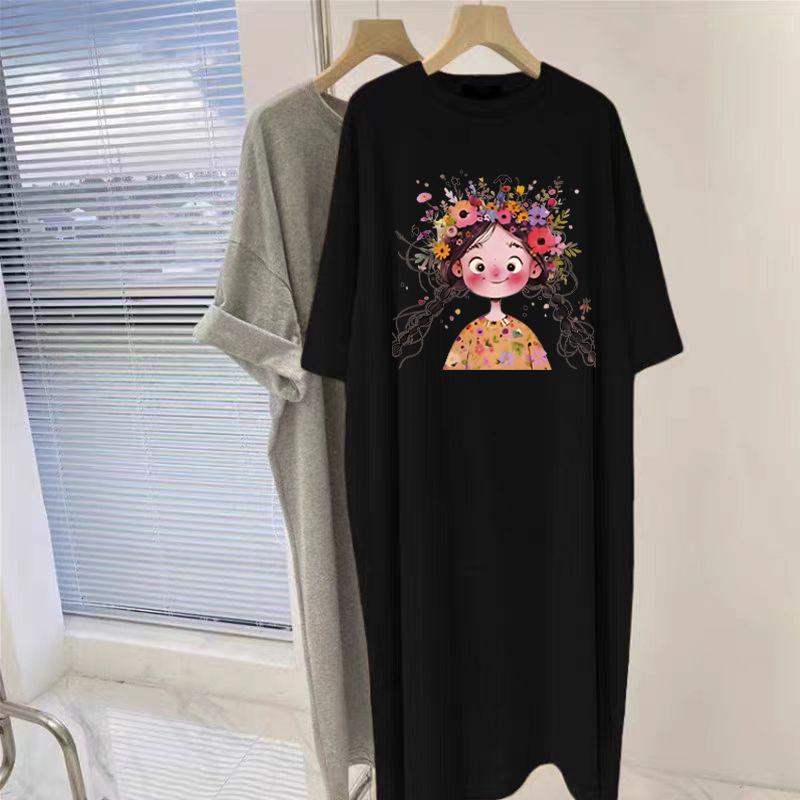 Large Size Women's Pure Cotton Short-sleeved T-shirt Dress, Summer Top, Fat Mm To Cover The Belly, Age Reduction and Thin Knee Dress