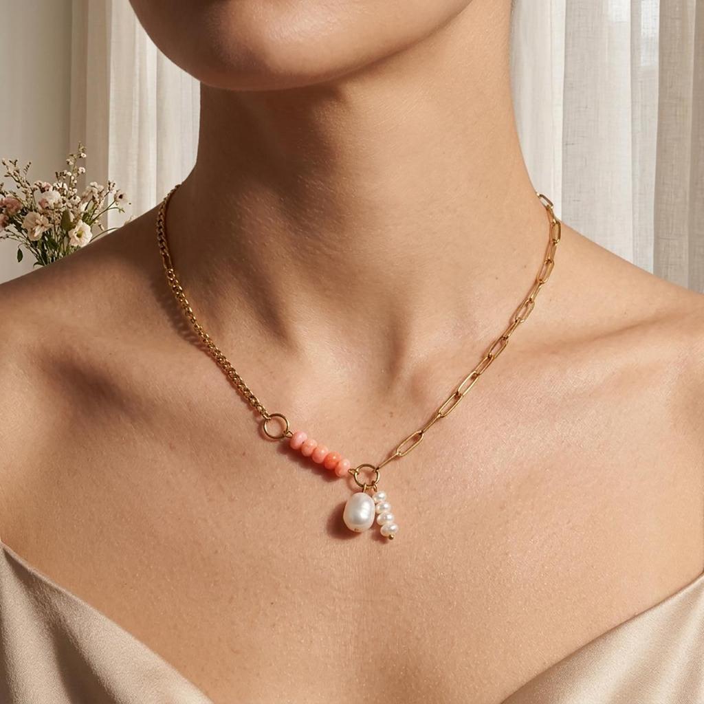 Summer Dopamine Multi-Colored Stone & Pearl Necklace with Gold-Plated Chain