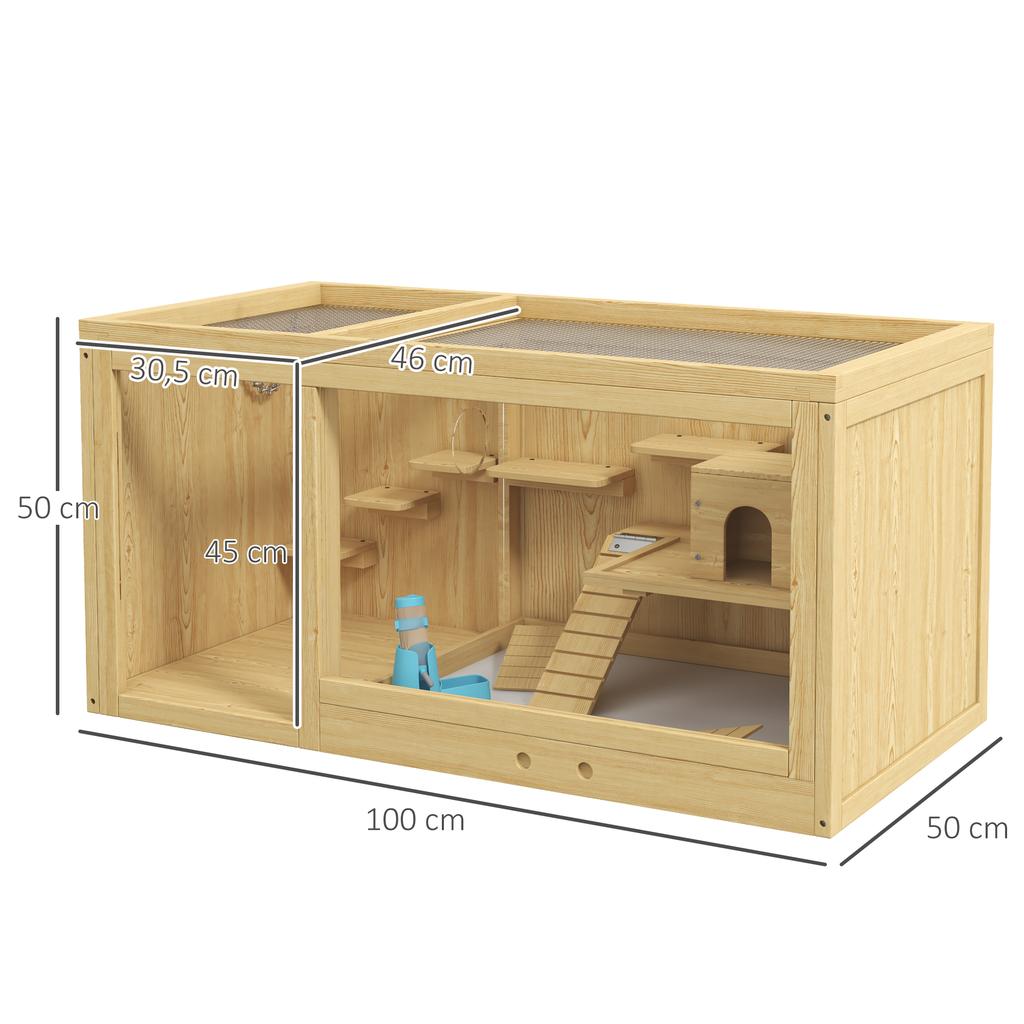 Small Animal Cage/gnawing Cage, Fir Wood, Including Accessories and Water Bottle, 100 X 50 X 50 Cm, Natural